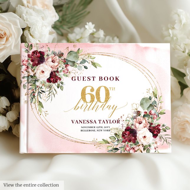 Libro De Visitas Chic Boho Burgundy Gold Frame Floral 60th Birthday (Chic Boho Burgundy Gold Frame Floral 60th Birthday Guest Book)
