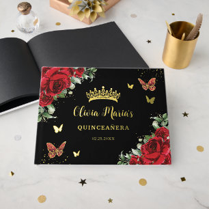 Libro De Visitas Chic Rojo Floral Mariposas Negro Quinceañera Dorad