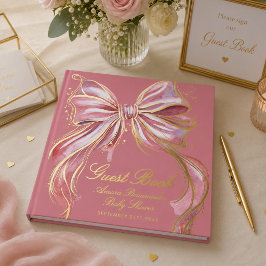 Libro De Visitas Chic Rosa Couture Aquarela Lazo Dorado Baby Shower