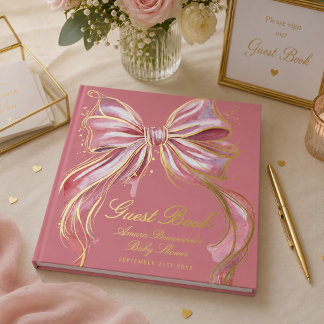 Libro De Visitas Chic Rosa Couture Aquarela Lazo Dorado Baby Shower
