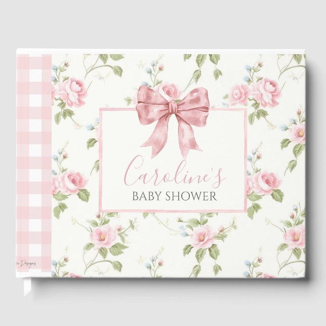 Libro De Visitas Chica de Bow Rosado Preppy Baby Shower Sur (Anverso)