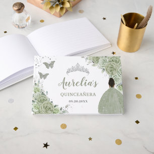 Libro De Visitas Chica floral marrón verde sabio Princesa Quinceañe