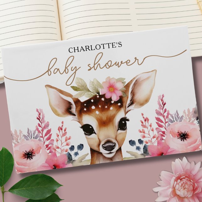 Libro De Visitas Chica Floral Woodland Deer Pink Gold Baby Shower (Woodland Deer Pink Gold Floral Girl Baby Shower Guest Book)