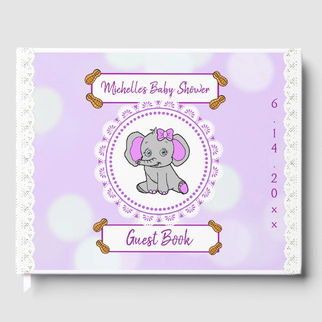 Libro De Visitas Chica temático Cute Purple Elephant Baby Shower (Anverso)