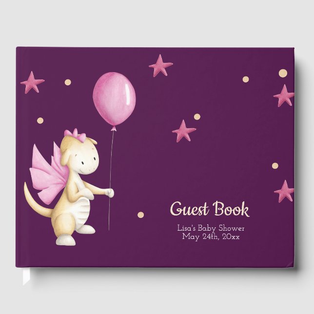 Libro De Visitas Chica Whimsical Pink Baby Dragon Baby Shower (Anverso)