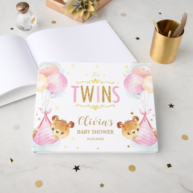 Libro De Visitas Chicas gemelos Teddy Bears Twins Baby Shower (Anverso Abierto)