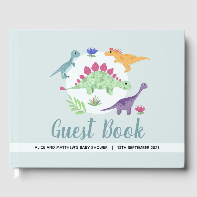Libro De Visitas Chicos Cute Blue T-Rex Dinosaur Baby Shower (Anverso)