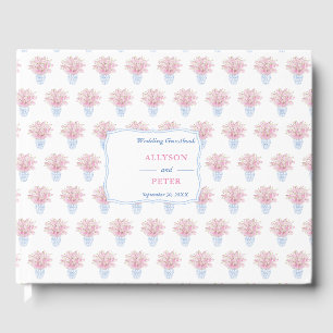 Libro De Visitas Chinoiserie azul blanco con Boda de flores rosadas