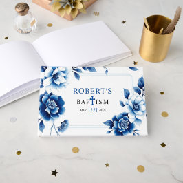 Libro De Visitas Chinoiserie floral azul y bautismo de triple front