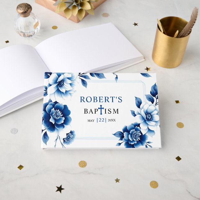 Libro De Visitas Chinoiserie floral azul y bautismo de triple front (Anverso Abierto)