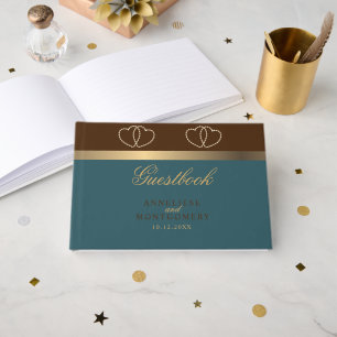 Libro De Visitas Chocolate y Verde Oscuro Teal con Corazones Dorado