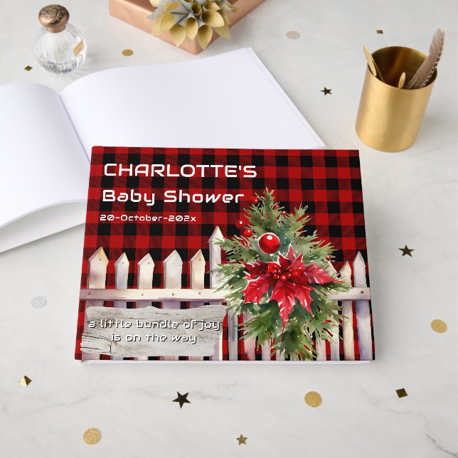 Libro De Visitas Christmas Fence Buffalo Plaid Baby Shower (Anverso Abierto)