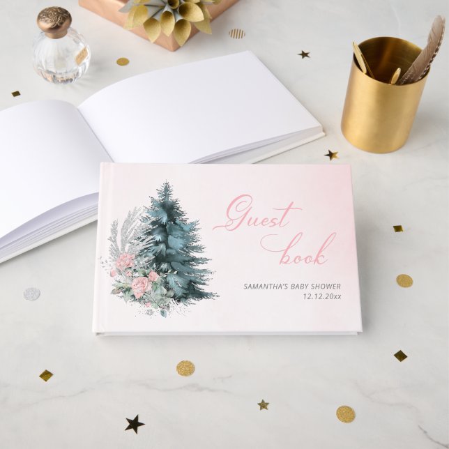 Libro De Visitas Christmas tree Frosty pink rose Baby shower (Anverso Abierto)