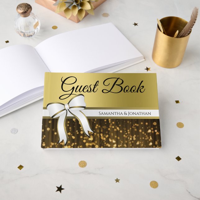 Libro De Visitas Cinta blanca y dorada y Boda de Relieve metalizado (Anverso Abierto)
