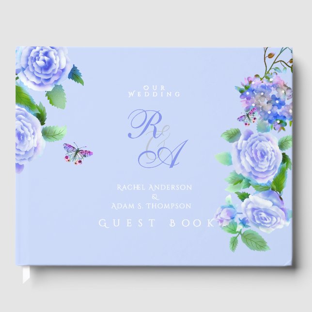 Libro De Visitas Cinta de Rosa Azul Monograma Boda (Anverso)