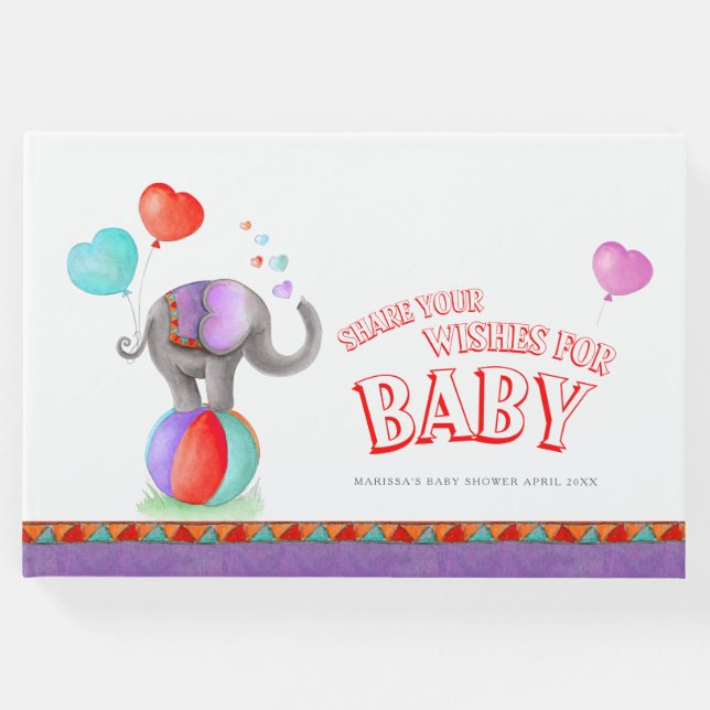 Libro De Visitas Circus elefant acuarela bebé ducha púrpura (Anverso)