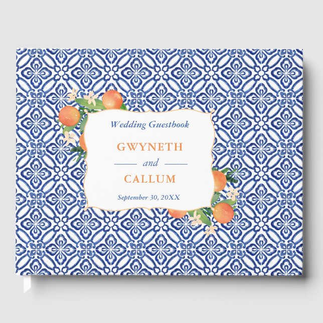 Libro De Visitas Citrus Sinensis Naranjas Blue Ceramic Tile Pattern (Anverso)