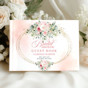 Libro De Visitas Clásicas Rosas Rosadas Eucalipto Oro Llavero Brida