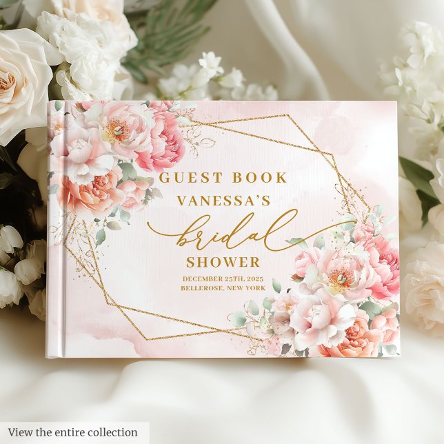 Libro De Visitas Clásico Boho Rosa Beige Marco Dorado Despedida de  (Classic Boho Blush Pink Gold Frame Bridal Shower Guest Book)