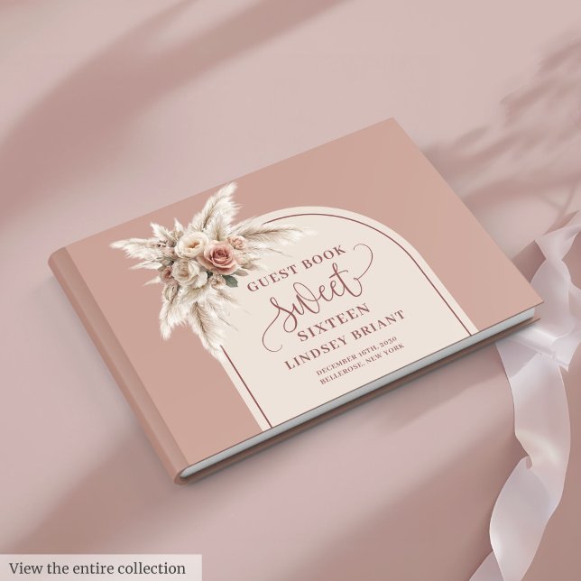 Libro De Visitas Clásico Boho Rosa Polvoriento Pampas Floral Dulces (Classy Boho Dusty Rose Pampas Floral Sweet 16)
