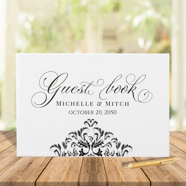 Libro De Visitas Clásico de caligrafía de Boda blanco y negro (Wedding guest book calligraphy script simple black and white)