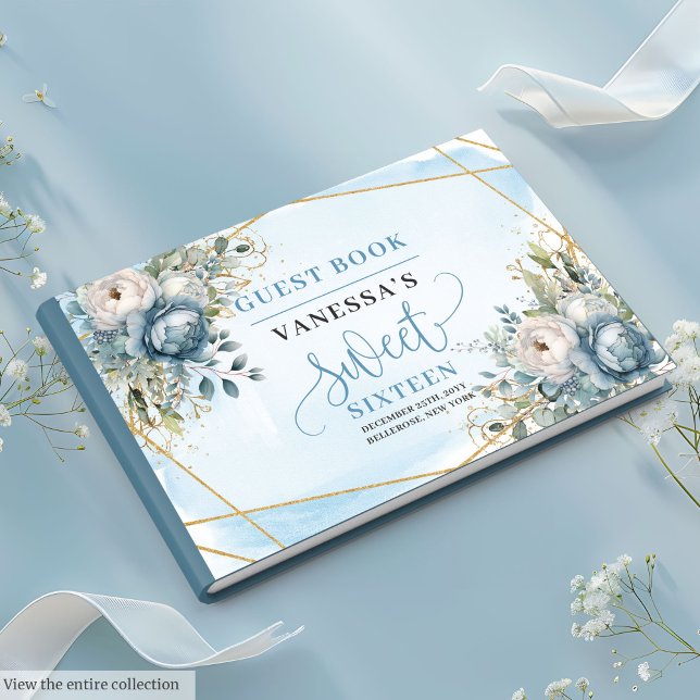 Libro De Visitas Clásico Dusty Blue Peonies Dulce Dieciséis (Classy Dusty Blue White Peonies Sweet Sixteen Guest Book)