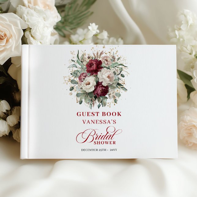 Libro De Visitas Clásico Invitado de Fiesta de Boda Floral Granate  (Classic Maroon Floral Gold Bridal Shower Guest Book)