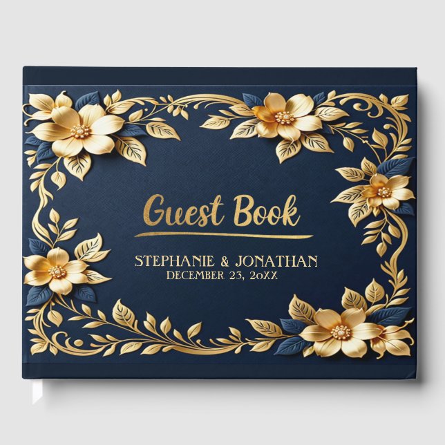 Libro De Visitas Clásico metálico elegante de la Marina Azul y Oro (Anverso)