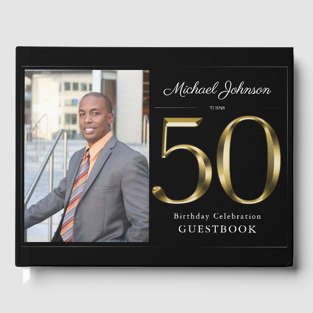 Libro De Visitas Classy Black 50th Solid Gold Personalizado Foto Cu (Anverso)