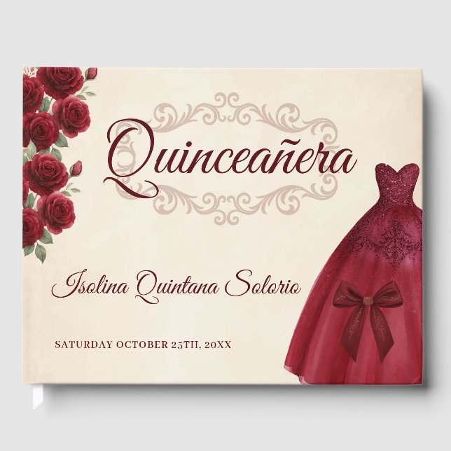 Libro De Visitas Classy Photo Quinceanera 15th Birthday Burgundy  (Anverso)