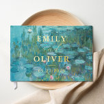 Libro De Visitas Claude Monet Water Lilies Boda<br><div class="desc">Libro de bodas con nombres de monogramas y fecha en Relieve metalizado dorado con fondo de pintura de Claude Monet Water Lilies.</div>