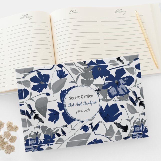 Libro De Visitas Clematis Elegant Blue Vacation Rental Property (Clematis Vine Elegant Blue Gray Flowers customizable guest book from Studio Posies. )