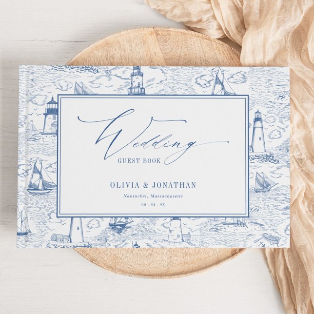 Libro De Visitas Coastal Toile Lighthouse Blue Wedding (Subido por el creador)