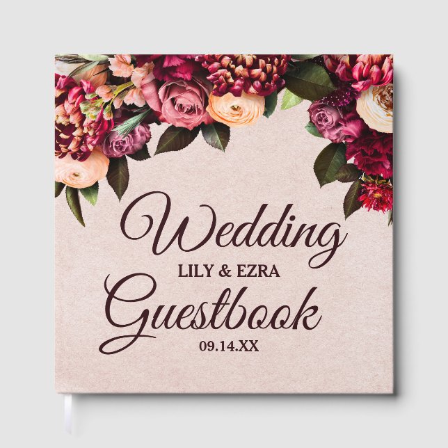 Libro De Visitas Cobertura dura de Rubor y Burgundy Floral (Anverso)