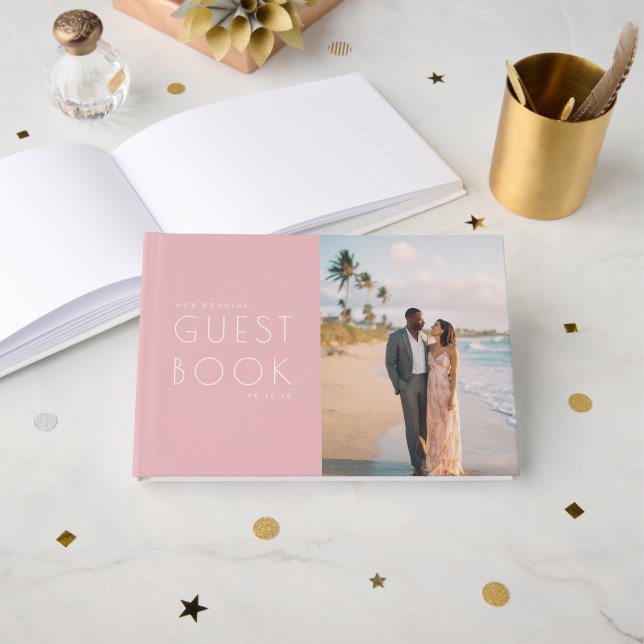 Libro De Visitas Colaje de Fotos de Playa Romántica Rosa (Anverso Abierto)