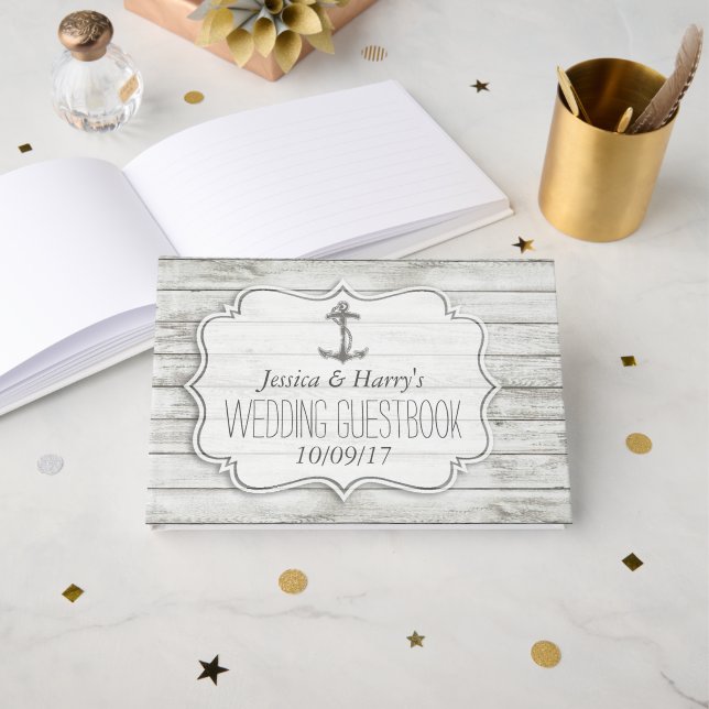 Libro De Visitas Colección Nautical Whitewashed Wood Beach Wedding (Anverso Abierto)
