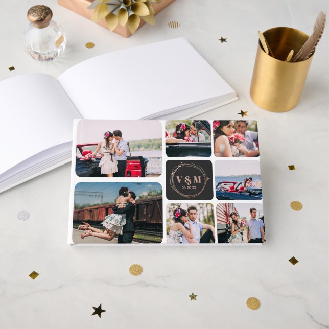 Libro De Visitas Collage de fotos y monograma | Boda Guestbook (Anverso Abierto)