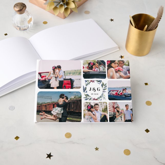 Libro De Visitas Collage de fotos y monograma | Boda Guestbook (Anverso Abierto)
