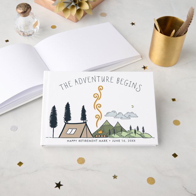 Libro De Visitas Comienza la aventura | Jubilación temática de camp (Anverso Abierto)