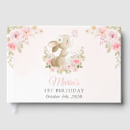 Libro De Visitas Conejo, Mariposa, Flores Rosadas, Primer Cumpleaño