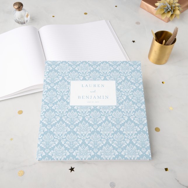 Libro De Visitas Confeti de Damasco Azul Elegante (Anverso Abierto)