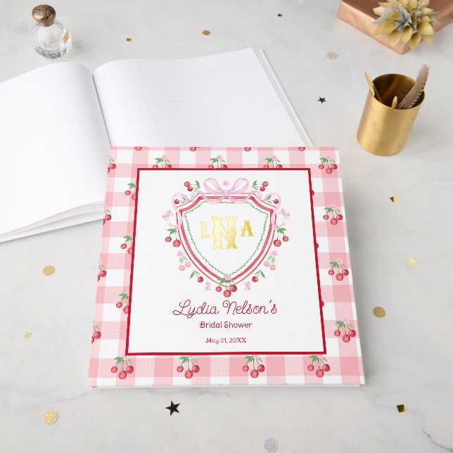 Libro De Visitas Coquette Cherry Monogam Bridal Shower (Anverso Abierto)