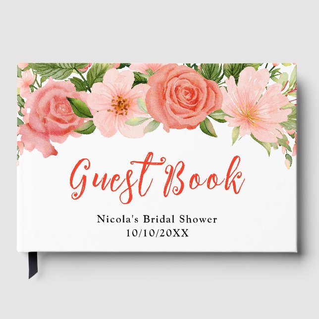 Libro De Visitas Coral Red Roses with Foliage Bridal Shower (Anverso)