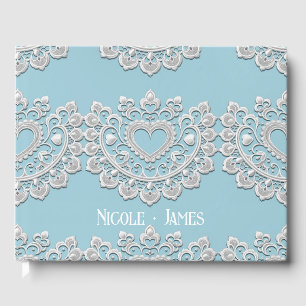 Libro De Visitas Corazón de Boda de Encaje Blanco Azul Turquesa