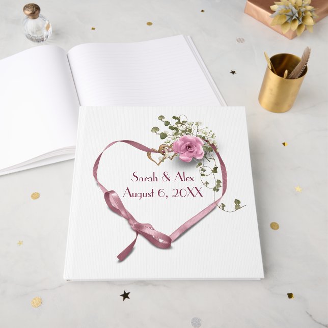 Libro De Visitas Corazón de cinta rosa con Rosa (Anverso Abierto)