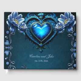 Libro De Visitas Corazón gótico azul rodeado de flores mágicas