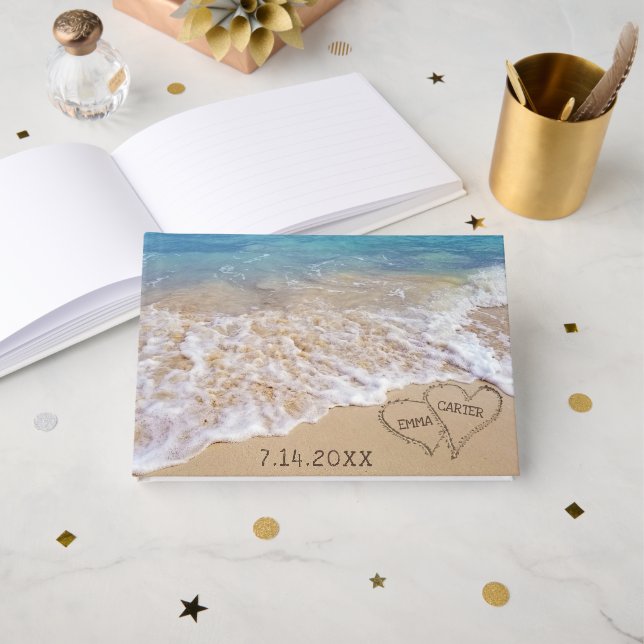 Libro De Visitas Corazones de Playa de Boda con Nombres (Anverso Abierto)