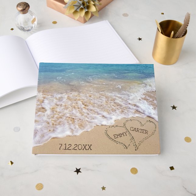 Libro De Visitas Corazones de playa de boda con nombres (Anverso Abierto)