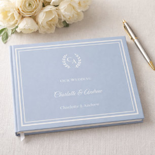 Libro De Visitas Corona de boda de marfil azul polvoriento monogram