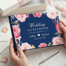 Libro De Visitas Corona floral de boda azul marino moderna rosa